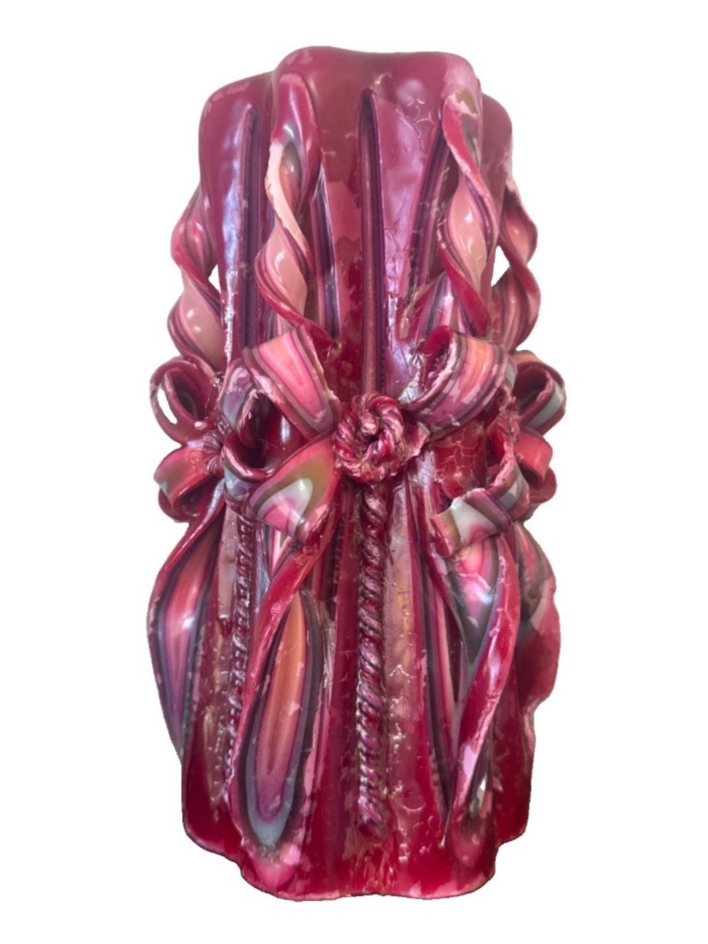 VTG 1970’s Hand Sculpted Cut & Curl Ribbon Candy Candle Large 9.5” Raspberry Red
